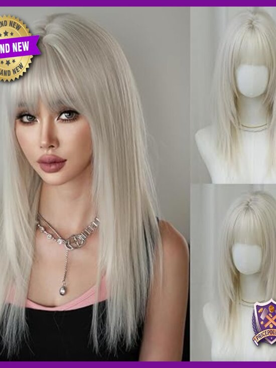 Long Straight Human Hair Wig with Bangs, Layered, Heat Resistant, Lightweight main image 6